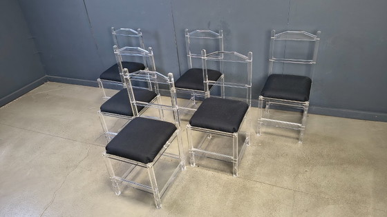 Lucite Or Plexi Dining Chairs, 1970s - Set Of 6 – Plexiglass, Textile (photo 10 of 12)