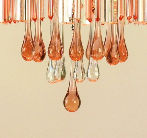 Rare French chandelier with Italian Murano teardrops | salmon pink crystal | 1950s/60s