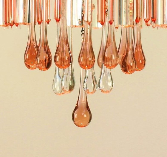 Image 1 of Exclusiva lámpara de araña francesa con colgantes de cristal de Murano italiano en forma de lágrima | cristal rosa salmón | años