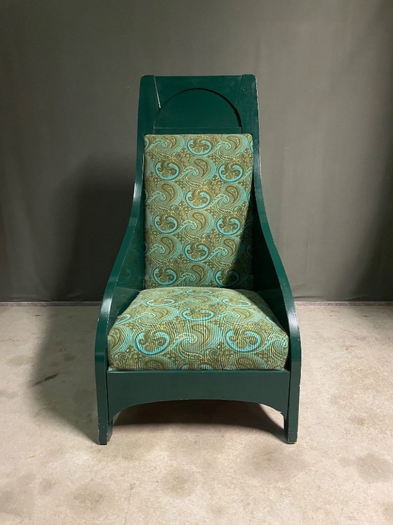 Rara Poltrona Art Nouveau con schienale alto, Poltrone, Legno, Tessile, Verde, Vintage (foto 6 di 6)