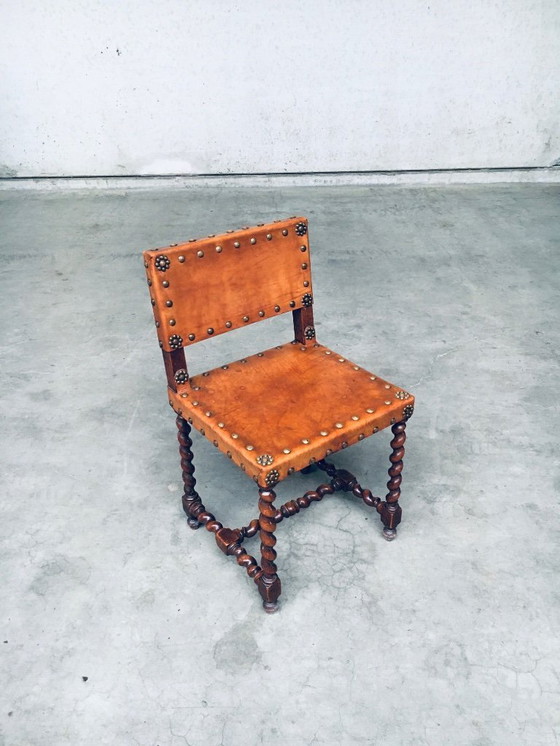 Image 1 of Englische Cromwell-Stühle aus hellbraunem Leder und Eiche, frühes 20. Jahrhundert