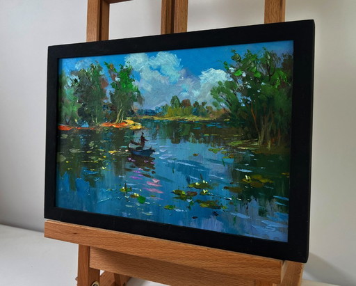Original Oil Painting Summer River Landscape River carries a boat through silence
