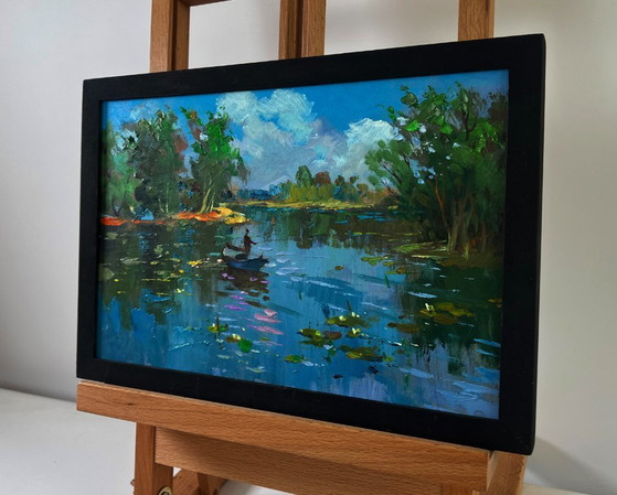 Image 1 of Original Oil Painting Summer River Landscape River carries a boat through silence