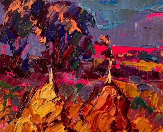 Image 1 of Original Oil Painting Autumn Nature Landscape Sunset Over The Field