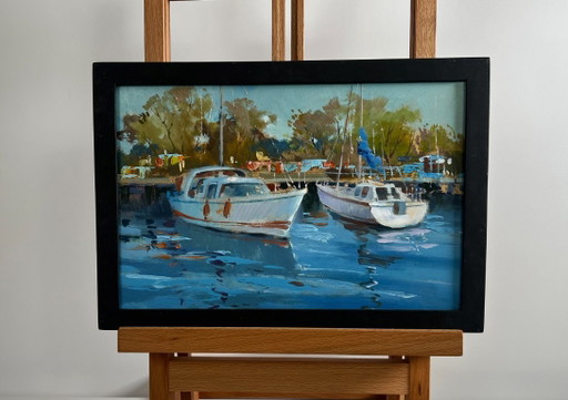 Original Oil Painting River Boats Landscape Summer Yacht Club
