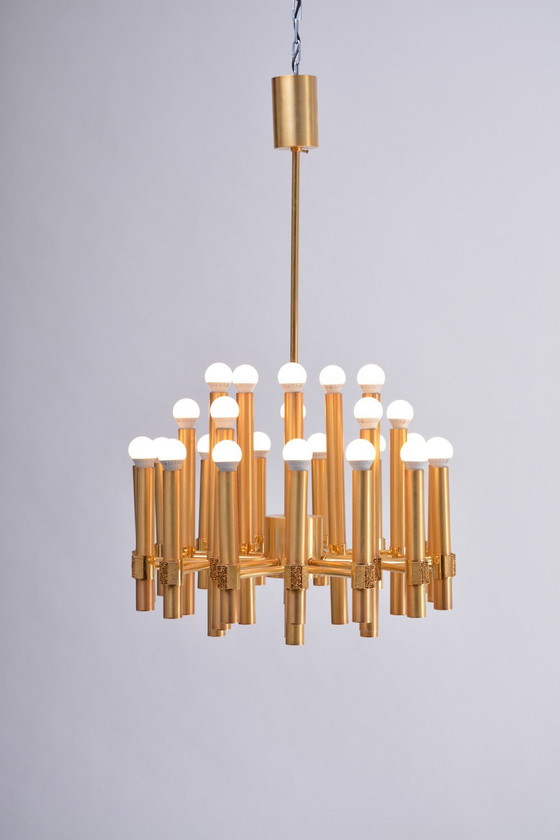 Image 1 of Gold Colored Mid-Century Modern Chandelier by Angelo Brotto for Esperia Italia