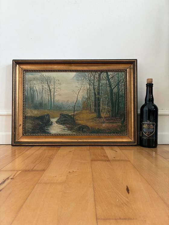 Image 1 of Peinture à l'huile originale ancienne représentant un paysage forestier, vers 1910