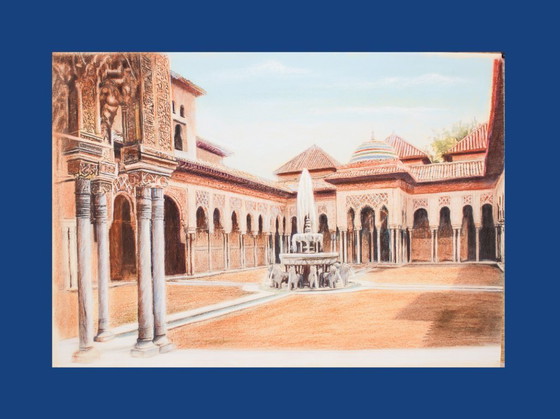 Image 1 of Drawing of the Alhambra. Court of the Lions. Alhambra painting. Painting of the Court of the Lions. New.