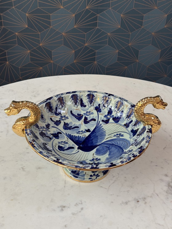 Image 1 of Große handbemalte Schale von H. Bequet mit vergoldeten Drachengriffen