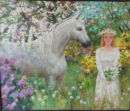 Original Oil Painting Abstract Girl With Horse Nature Spring – schilderijen tekeningen, Canvas