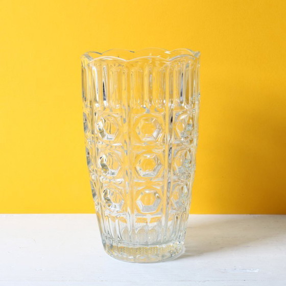 Image 1 of Mid-century Vintage Solid Heavy Clear Hand Pressed Glass Flower Vase / Fidenza / Italy / 1960s