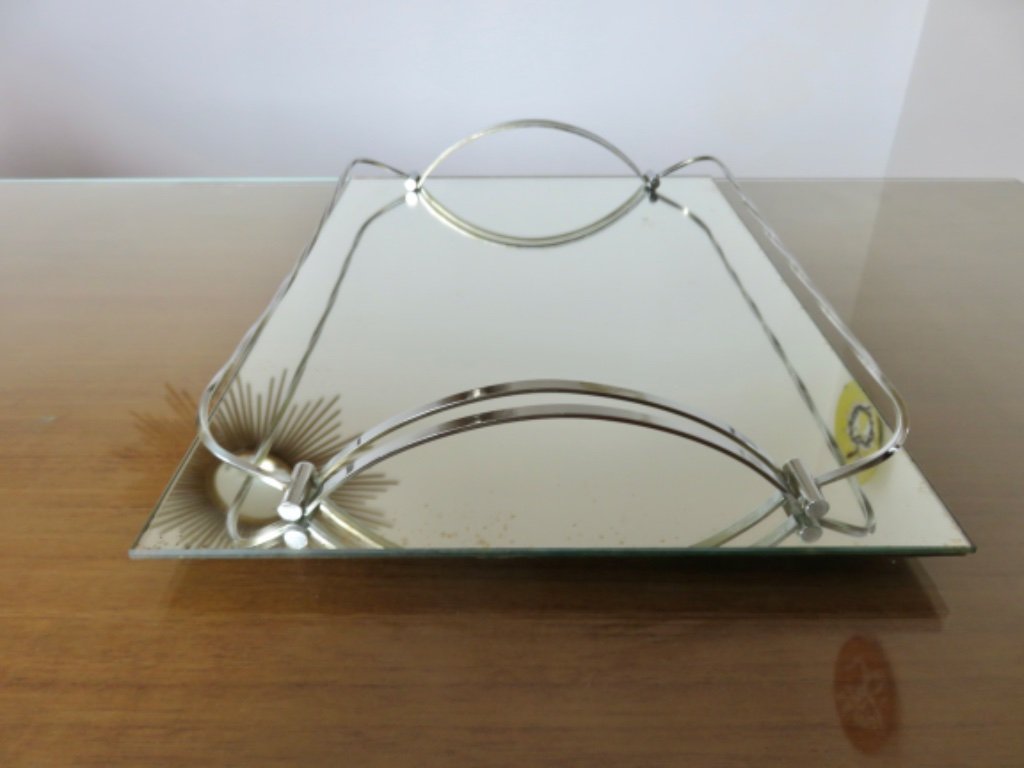 Plateau Vintage Art Déco 1930 – Miroir Et Chrome, Verre Argenté, France