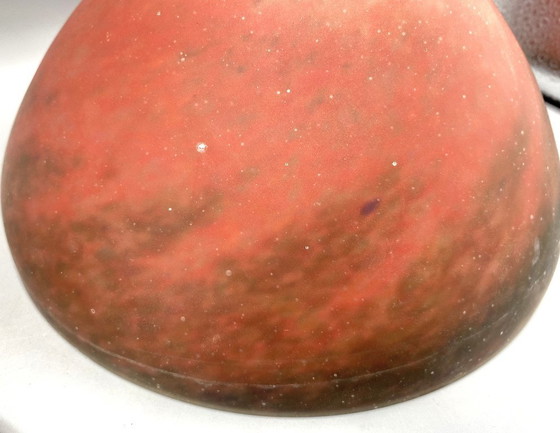 Image 1 of Art Nouveau style brass table lamp with red/black mushroom art de France glass