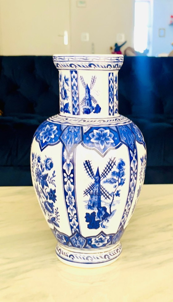 Image 1 of rare handmade Vintage Delft Blue VASE Hand Painted Holland Windmill Jeblo 1890–1930.
