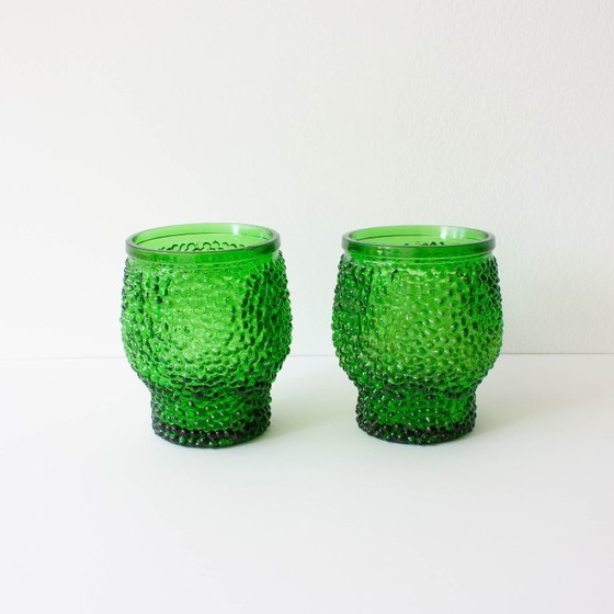 Image 1 of Vintage Green Set of 6 Cocktail bubble glasses, ice bucket and ice clamps, 1970's