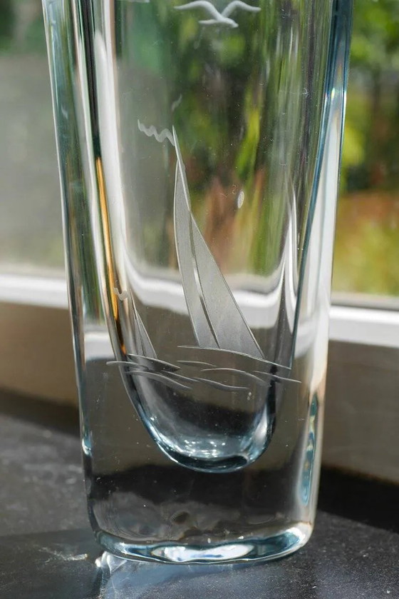 Image 1 of Etched glass vase with nautical theme from Strömbergshyttan, Sweden