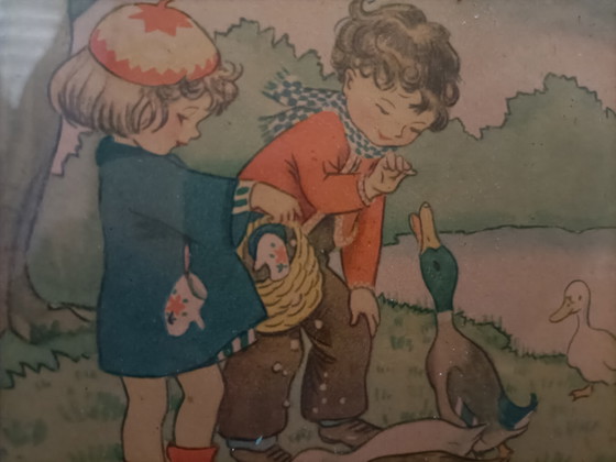 Image 1 of Set of 3 Vintage Children's Prints - 40s-50s - Charming Illustrations in Wooden Frames