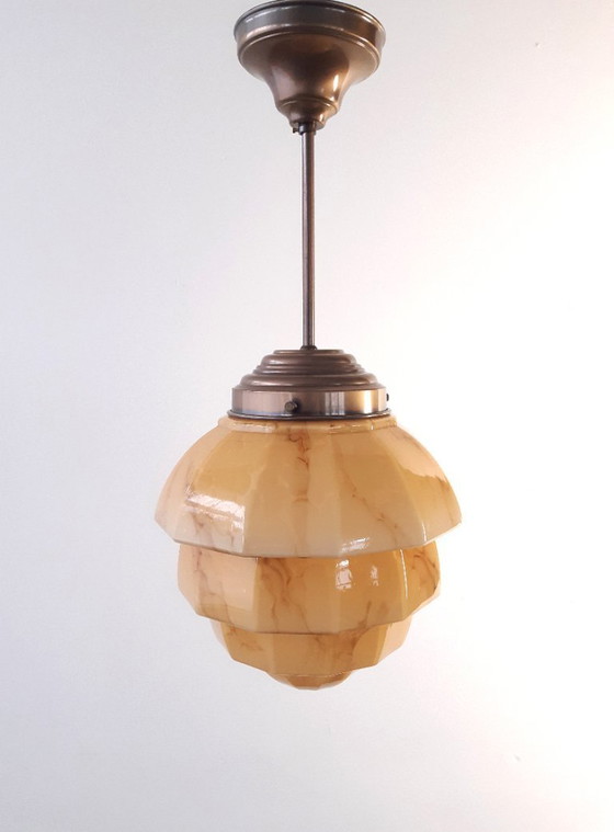 Image 1 of Art-Deco-Deckenleuchte, bernsteinfarbene Marmor-Herda-Pendelleuchte