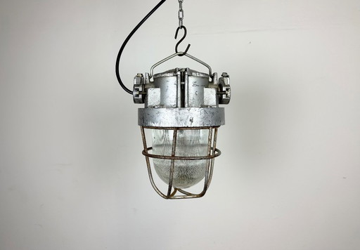 Industrial Soviet Cast Aluminium Bunker Pendant Light with Iron Grid, 1960s