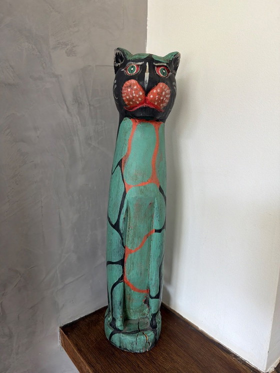 Image 1 of Vintage mint green with red cat 50cm high