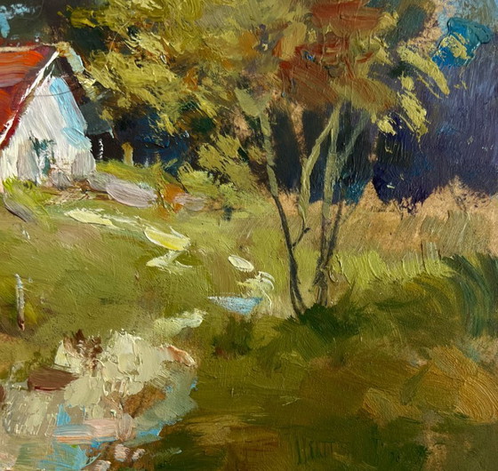Image 1 of Origineel olieverfschilderij: Zomerdorplandschap met huizen in het bos.