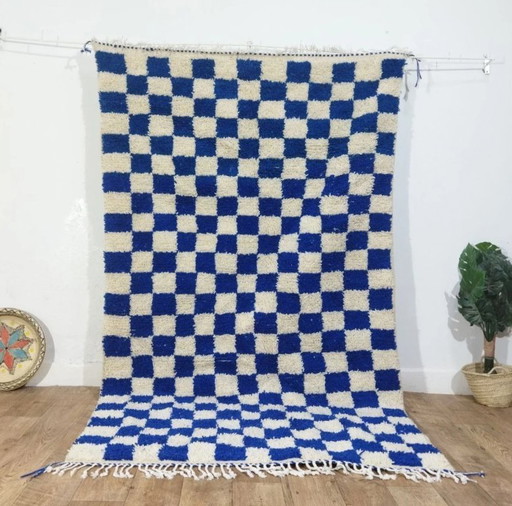 Berber tapijt blauw geruit – handgeweven natuurlijke wol (240×145 cm)