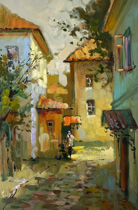 Image 1 of Original Oil Painting Evening City Landscape Fresh air from the streets