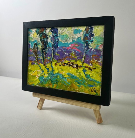 Image 1 of Original Oil Painting: Summer Field Landscape Poplars Above the Path in Fog