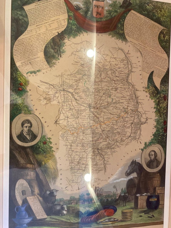 Carte illustrée ancienne du département du Cher, d'après Levasseur, grand cadre ancien, 60 x 45 cm (photo 3 of 6)