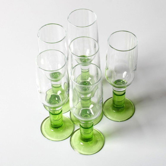 Image 1 of Set of 6 Vintage Limoncino Sherry Glasses / Green Sorbetto Stemware / Bormioli Rocco / Italy / 1970s