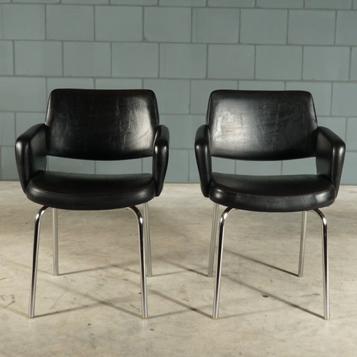 Set Vintage Skailed Leather Armchairs - Black - 1970s
