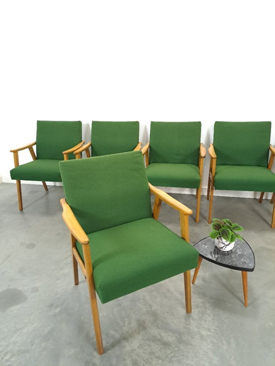 Image 1 of Set of 6 groene eetkamerstoelen met beukenhout