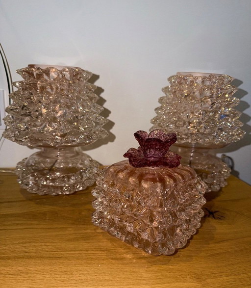 Signed Vintage Murano Rostrato Glass Lamp Set with Matching Decorative Diffuser – Beige Gold Aventurine Glass
