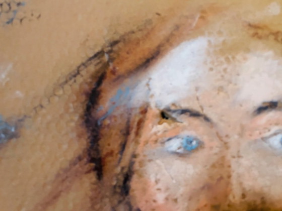 Image 1 of A female portrait painting created on old, worn, honeycomb-patterned cardboard packaging.
