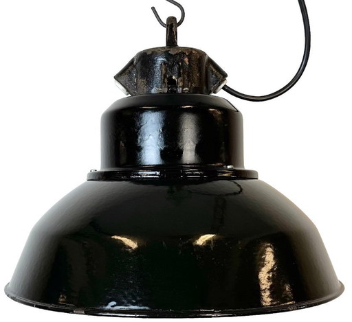 Industrial Black Enamel Factory Lamp with Cast Iron Top, 1960s