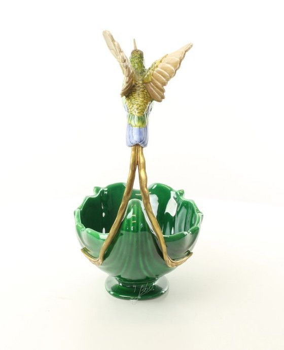 Image 1 of HUMMINGBIRD PLANTER JASMINE PORCELAIN + BRONZE ORMOLU BIRD BOWL SCULPTURE
