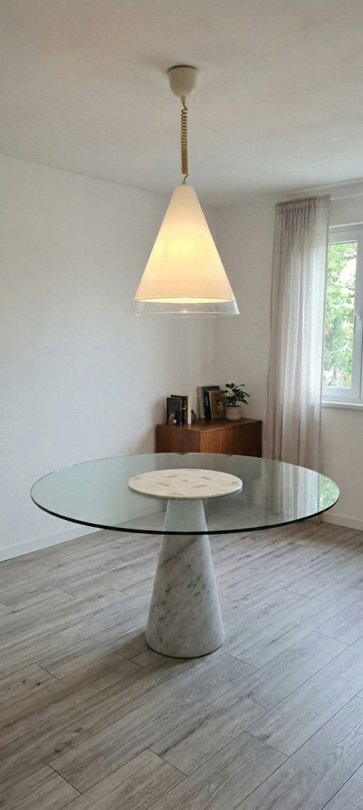 Cattelan Italia mesa de comedor redonda de mármol y cristal + Lámpara de araña LEUCOS