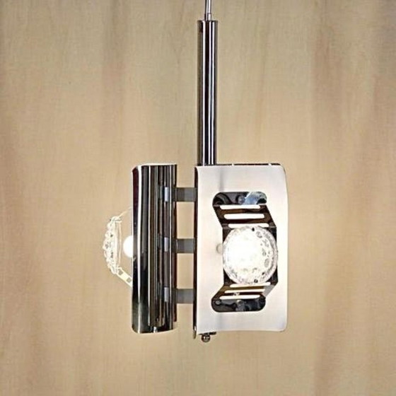 1x 1970s Space Age Chromed Pendant Lamp by AV Mazzega, Murano Glass, Chandeliers, Silver (photo 2 of 11)