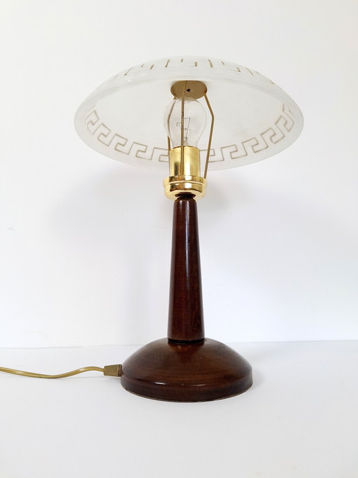Vintage 90s Table Lamp / Wood & Brass Base / Frosted Glass Shade with Greek Key / Minimalist Neoclassical Bedside or Desk Light