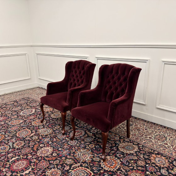 Set Chesterfield Sessel, Samt rot – Holz (photo 3 of 10)