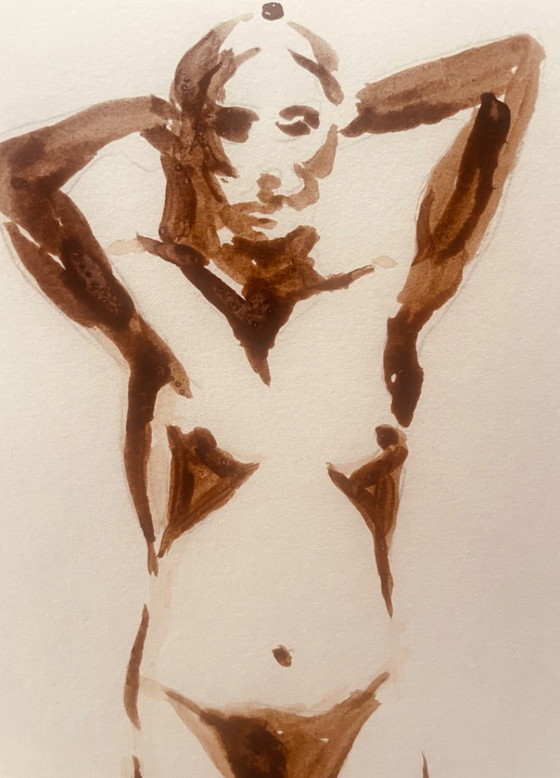 Monochrome Painting Brown Earth Wabi Sabi Portrait of a Woman “Play of Shadows” – Paintings & Drawings, Paper (photo 4 of 8)