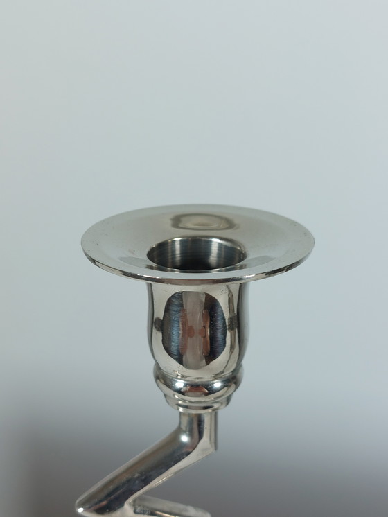 Image 1 of Coppia di candelieri vintage di design, decoro a zigzag, cromati, stile Memphis, anni '80