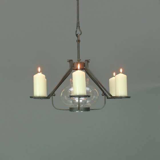 Image 1 of Manfred Bergmeister (1927-2019) - Brutalist handmade wrought bronze pendant lamp / six light candelabra
