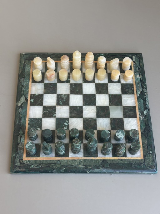 Vintage Schachset aus Marmor, Malachit-Naturstein, Onyx-grünes Schachbrett