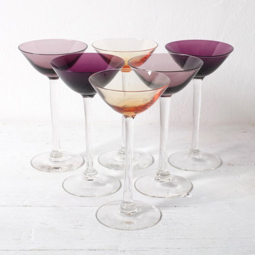 Ensemble de 6 verres à liqueur vintage en cristal coloré / Suède / Années 1980 – glazen karaffen, Crystal