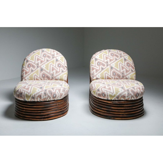 Image 1 of Pair of Vintage Bamboo Lounge Chairs in Pierre Frey Jacquard 1970s