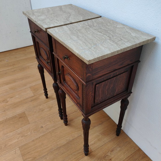 Image 1 of Set Vintage Antieke nachtkastjes bijzetkastjes marmer blad