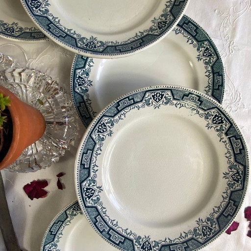 Set of 6 antique Saint Amand et Hamage ironstone earthenware dinner plates, Morocco blue pattern