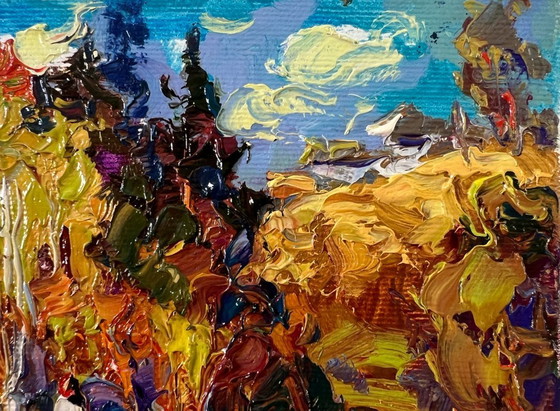 Image 1 of Original Oil Painting Autumn Coastal Landscape Over the River