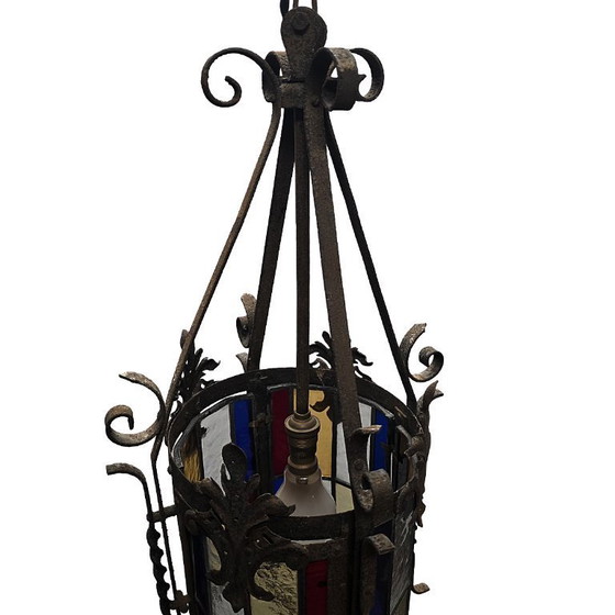 Image 1 of Farol de salón francés antiguo con vidrieras, finales del siglo XIX.